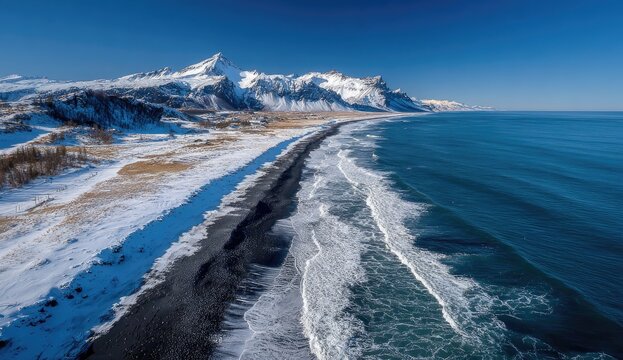 Snowy black sand beach meets a vast ocean