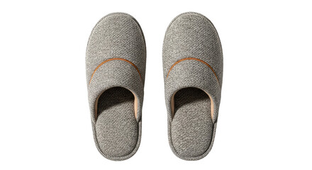 Isolated pair of neutral-colored soft, comfortable house slippers on a neutral background