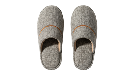 Isolated pair of neutral-colored soft, comfortable house slippers on a neutral background