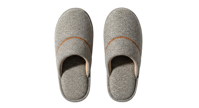 Isolated pair of neutral-colored soft, comfortable house slippers on a neutral background