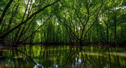 Obraz premium Lush green forest canopy reflected in calm, still water, creating a tranquil scene.