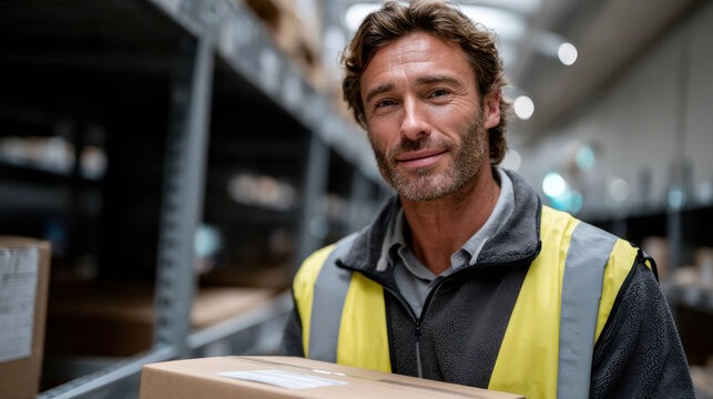 In this image, a warehouse worker with a confident expression manages a package, reflecting professionalism and dedication in logistics operations. - Powered by Adobe