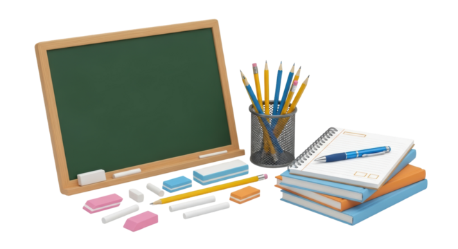 Isolated School Supplies with Chalkboard, Notebooks and Stationery Items on Tabletop