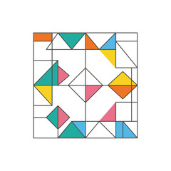 Fototapeta premium Abstract geometric design with triangles, squares, and diamonds in vibrant colors on a grid.