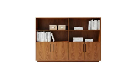 Isolated wood veneer bookcase with cabinets for books, home decor, storage, living room