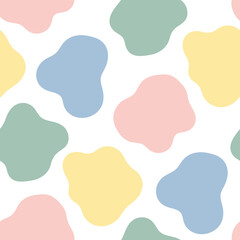A seamless abstract pattern featuring organic, blob-like shapes in soft pastel colors of pink, blue, yellow, and green on a white background.