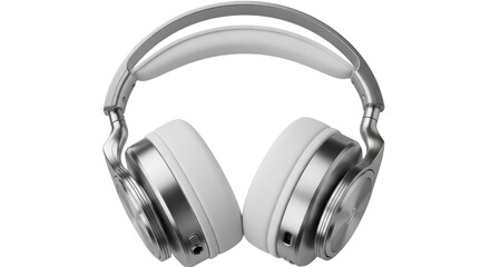 Isolated gray metallic wireless headphones, music listening device, electronic product design