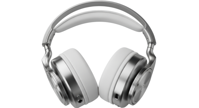 Isolated gray metallic wireless headphones, music listening device, electronic product design