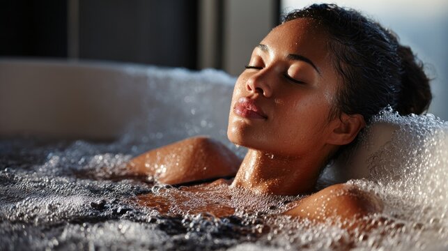 Relaxing moment in a bubble bath during the evening at a luxurious spa retreat