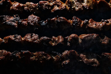 Kebab barbecue on coals smoke and meat, texture Bbq cooking close-up