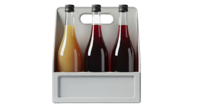 Isolated shelf carrying three bottles of juice, refreshing beverage for breakfast snack time