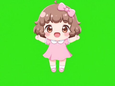 Sticker animation of a cute chibi character jumping happily, pastel cartoon style, fluid motion, background green screen, aesthetic and trendy