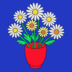 Bright bouquet of daisies in a red vase on a blue background