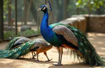 Obraz premium Majestic peacock displays its vibrant, colorful tail feathers in zoo enclosure. Its brilliant blue and green plumage stands out against sandy ground. Another peacock is visible in background.