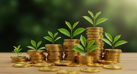 Stacks of gold coins with growing plants representing financial growth and investment concept for business and finance