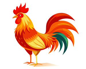 Stylized rooster with vibrant red orange and yellow feathers