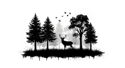 Majestic deer silhouette standing in a silent forest with birds, evoking nature's tranquility
