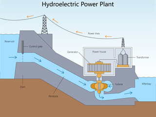 hydroelectric power plant showing reservoir, dam, penstock, turbine, generator, transformer, power lines, and electricity flow diagram hand drawn schematic vector. Science educational illustration © Oleksandr Pokusai