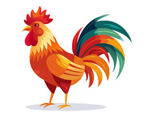 Stylized rooster with colorful tail feathers standing on white background