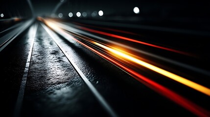 Fototapeta premium the scene depicts a dark, glossy road, possibly wet from rain, with blurred lights streaking across the frame. the road is marked with crisp, white lines that delineate lanes