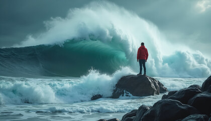 Man in red jacket stands on rock overlooking massive ocean wave. Stormy sky, dark clouds, turbulent sea. Business crisis, financial risk, personal challenge, loneliness in face of adversity.