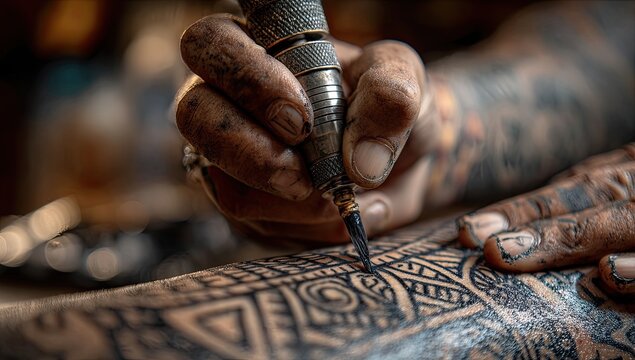 Close-up of hands tattooing intricate design