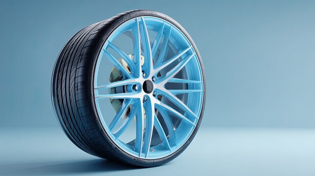 Light-blue alloy wheel with tire on light-blue background