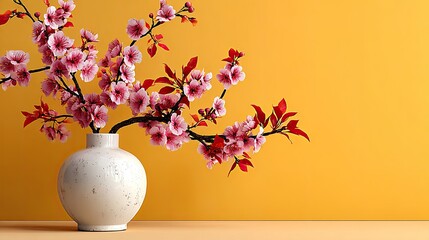 Pink blossoms in a white vase against a mustard yellow wall