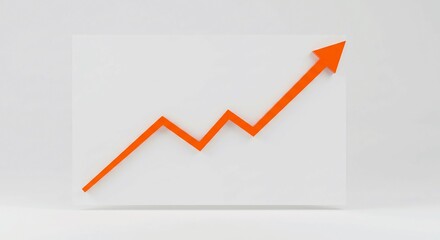 Orange arrow pointing upwards simple 3D render on white background representing growth and success