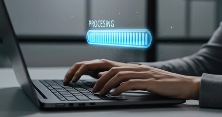 Person typing on laptop with digital processing display - Powered by Adobe
