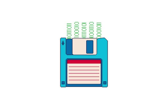Seamless loop animation of pixel art floppy disk with binary code stream symbolizing digital saving, data transfer and retro computer memory.