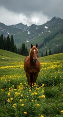Chestnut Horse in Mountain Wildflower Meadow