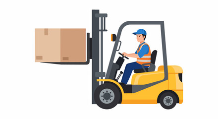 A forklift operator transports a cardboard box.
