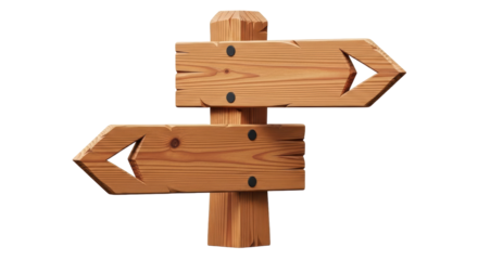Isolated wooden signpost with directional arrows pointing left and right, wayfinding