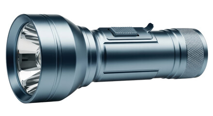 Isolated flashlight shining, portable metal lighting device for emergencies or outdoor use