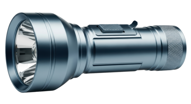 Isolated flashlight shining, portable metal lighting device for emergencies or outdoor use