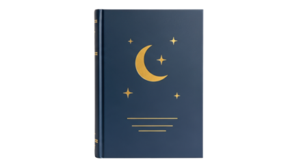 Isolated blue hardcover book with crescent moon and stars design for stationery mockup