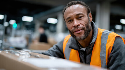 A confident man with a beard wears an orange safety vest while smiling at the camera in a warehouse setting, surrounded by stacks of boxes, showcasing a industrious environment.