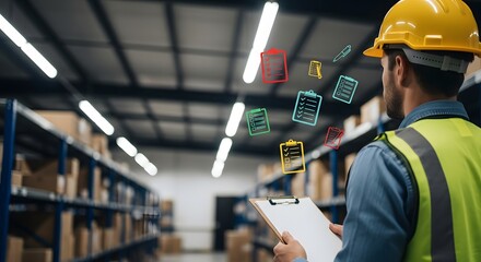 Warehouse Worker Inspecting Inventory and Digital Documents in a Modern Storage Facility