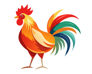 Vibrant rooster illustration with colorful tail feathers