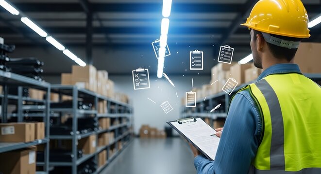 Dedicated professional overseeing inventory management and logistical operations with digital tools in a modern, efficient warehouse, ensuring seamless supply chain integrity