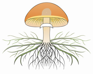 Illustration of a mushroom with its root system visible underground
