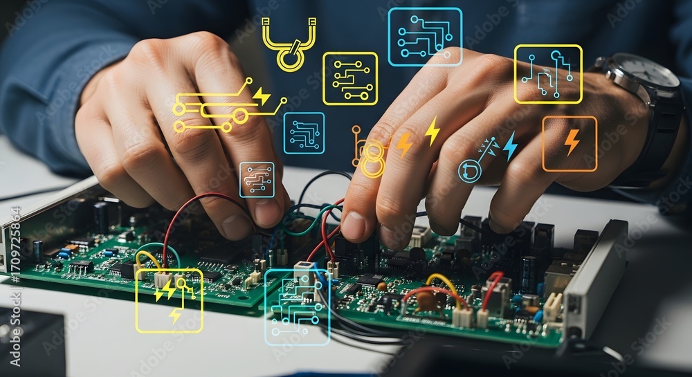 Poster electronics technician working on circuit board with icons