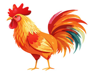 Vibrant watercolor rooster illustration with colorful tail feathers