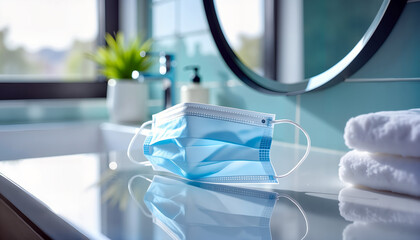 Surgical mask placed on bathroom countertop near towels and plants  