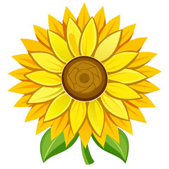 Bright yellow sunflower with green leaves isolated on white background