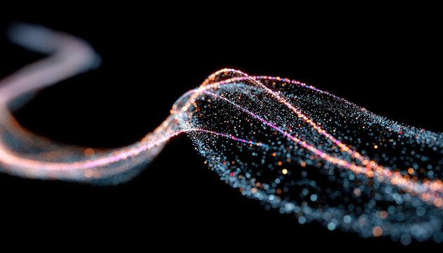 Abstract swirling particle stream, glowing with iridescent colors