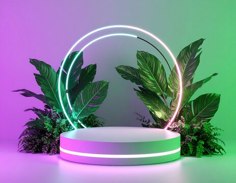 Neon-lit, round podium amidst lush tropical plants - Powered by Adobe