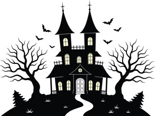 Haunted spooky house with glowing windows, creepy bare trees, flying bats, and eerie atmosphere perfect for Halloween horror design.