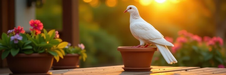 Obraz premium A beautiful white dove coos contentedly from a ceramic flower pot on a wooden patio at sunset, sunset, patio, white dove